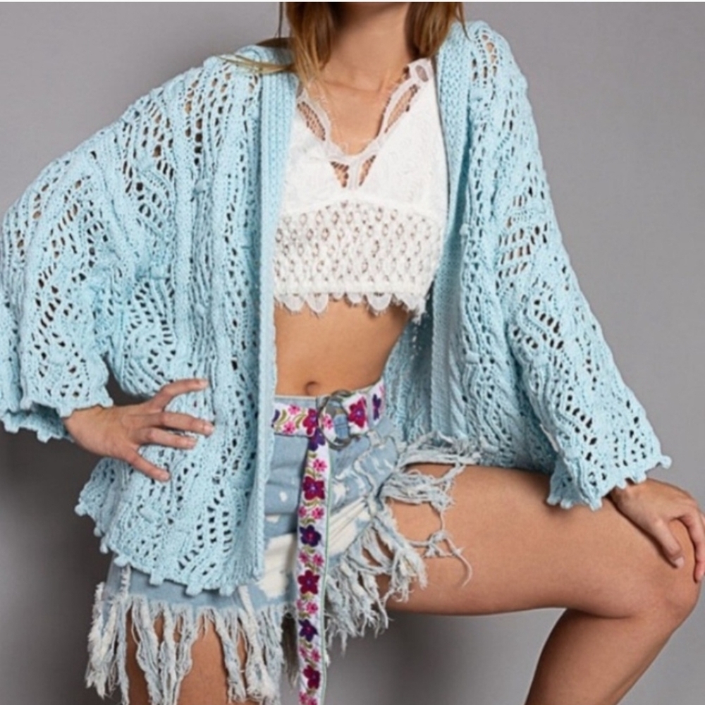 POL The Seabreeze Cardigan | Baby Blue Crochet Open-Knit Hoodie Sweater